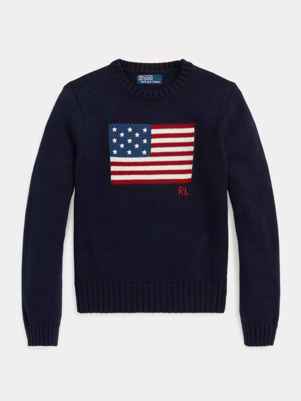 Ralph Lauren Navy Crewneck Sweater with Flag Intarsia